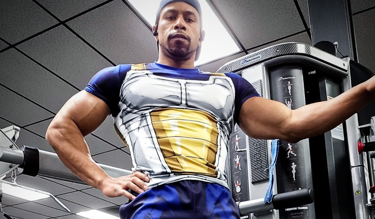 Chrys, founder of NoLimitSquad, in Saiyan armor training gear