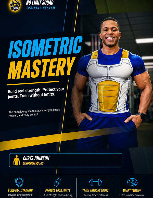 Isometric Mastery ebook cover — Chrys of NoLimitSquad in Saiyan armor training gear